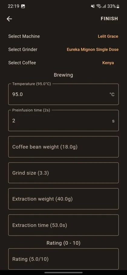 BrewUp app screen with coffee brew details